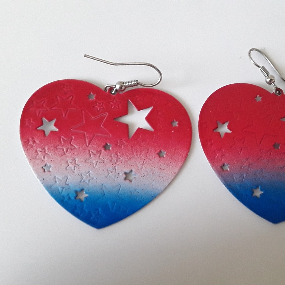 Heart-shaped patriotic red white and blue earrings